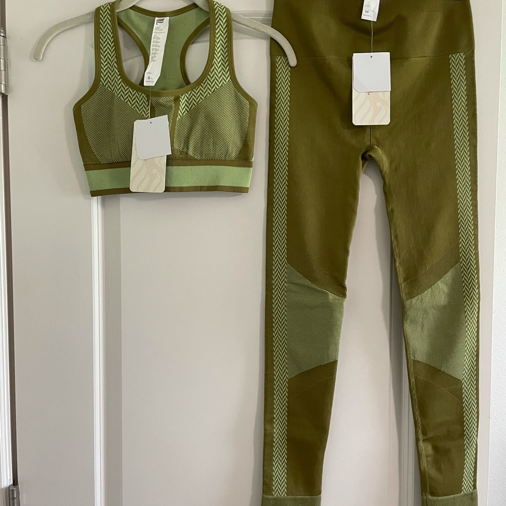 Fabletics Olive Green Leggings and Sports Bra Set
